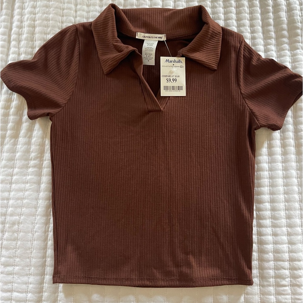 New Caution to the Wind Brown Cropped Short Sleeve Polo Collared Shirt